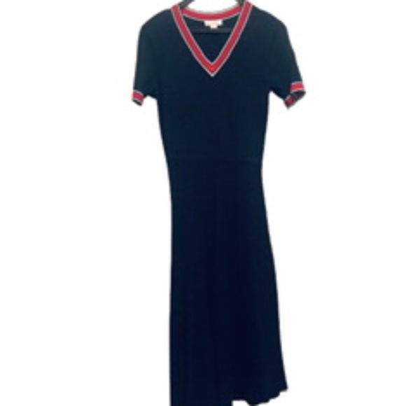 XS Navy Trim V-Neck Knit Midi Dress - Picture 2 of 10